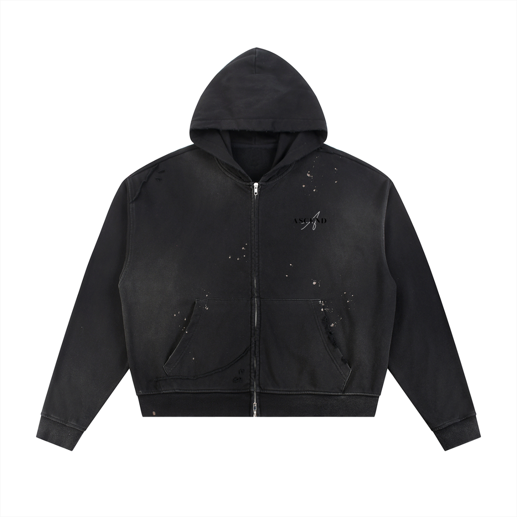 Sun Fade Frayed Raw Edge Fleece Zip Hoodie